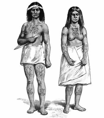 Haida couple with crest tattoos. After Swan (1886). On the mans breast is a codfish split head to tail and laid open; on each thigh is an octopus, and below each knee is a frog. On the womans breast are the head and forepaws of a beaver; on each shoulder is the head of an eagle; on each arm is a halibut; on the right leg is a sculpin, and on the left is a frog.