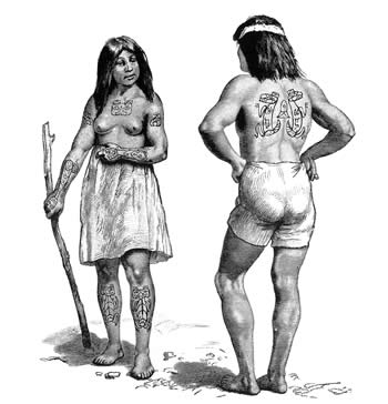 Haida couple with crest tattoos. After Swan (1886). Haida woman with bears head tattooed on breast, each shoulder adorned with head of an eagle. On her arms and legs are figures of the bear. Haida man with wolf spirit tattooed on back.