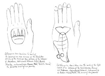 Tlingit womens hand tattoos drawn by George T. Emmons at Angoon, Alaska, 1889. Emmons journal notes for these drawings read (from left to right): Tattooing in blue black, on the back of the hand of an old woman of the Dashetan family, of the Hootz-ah-tah Qwan, of the village of Angooan, Admiralty Island, representing a Ravens tail (Yehlh ku-ou) the phratal crest of her family. Tattooing in dark blue on the back of the left hand of a woman of the Kehk Qwan, living at Angooan, Admiralty Island, representing a killerwhale (Kete) the crest of her family.