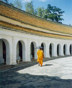 Monk in his saffron colored robes inside the temple