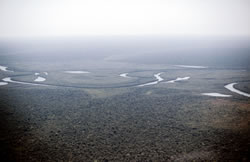 Aerial view of the Xingu River (background) and Reserve.