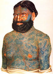 The famous 19th century circus attraction Prince Constantine who bore 388 Burmese tattoos.
