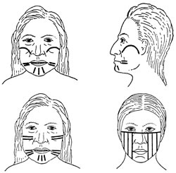 Facial and body tattoos of the Thompson River Salish (Nlaka'pamux), British Columbia, Canada, 1910.