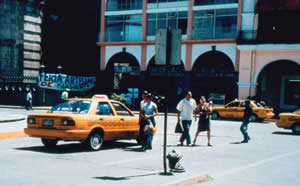 Geometric peyote motifs decorate the sides of most taxis in Tepic.