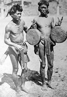 Two gangsa gongs with human jawbone handles, ca. 1900.